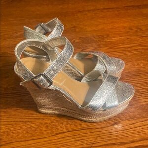 BAMBOO Silver Strappy Espadrille Wedge Sandals